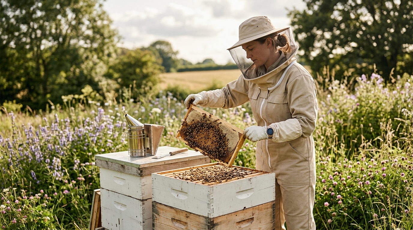 Professional beekeeper tending to a hive